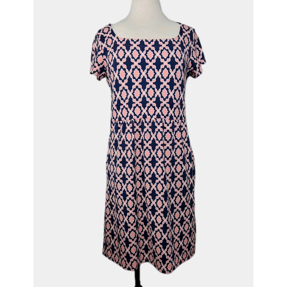 Charter Club Sheath Dress Square Neck Pockets Pink/Navy Stretch Womens PM Geo